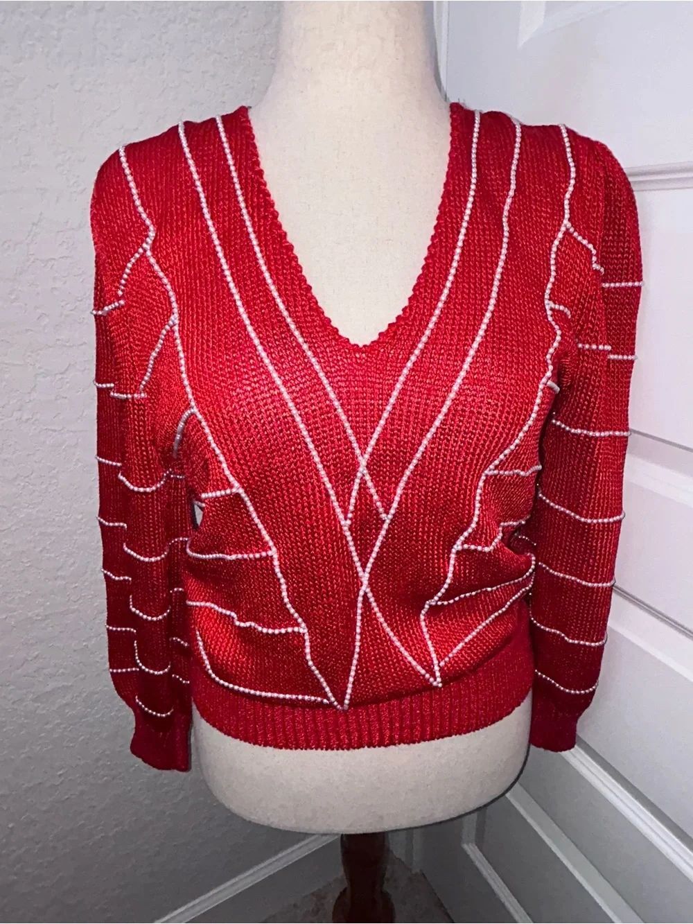 Vintage L’Arc En Ciel Wool Blend Embellished Detail Puff Long Sleeve Sweater Top